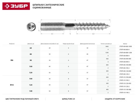 ЗУБР &quot;МАСТЕР&quot;. Шпилька сантехническая, шестигранник, Torx 25, оцинкованная, М10x100мм, 600шт 37870-10-100-600 купить в Нефтеюганске