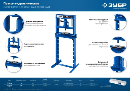 ЗУБР ПГД-12, 12 т, гидравлический пресс с домкратом и возвратными пружинами, Профессионал (43070-12) купить в Нефтеюганске