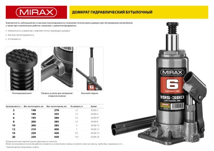 Домкрат гидравлический бутылочный, 8т, 200-385 мм, MIRAX 43260-8 43260-8 купить в Нефтеюганске