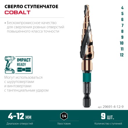 Ступенчатое сверло, сталь c кобальтом, спиральная проточка, НЕХ хвостовик 29691-4-12-9 купить в Нефтеюганске