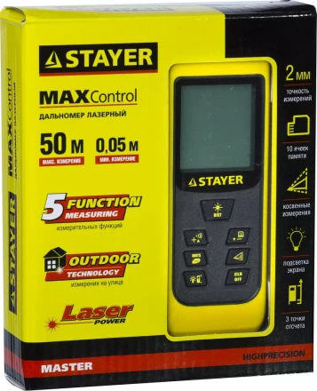 Дальномер STAYER &quot;MASTER&quot; MAX-Control лазерный, 2 точки отсчета, дальность 50м, точность 2мм 34957 купить в Нефтеюганске