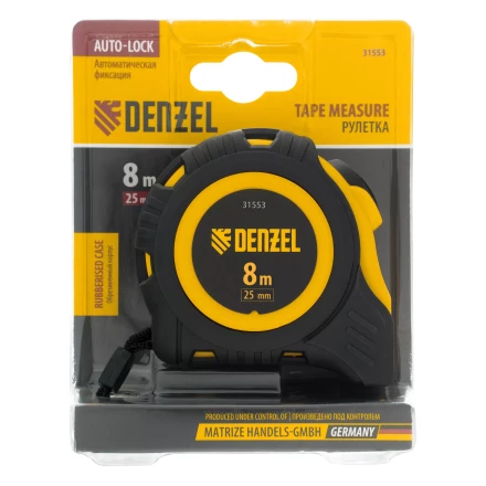 Рулетка Denzel 8м х 25мм, обрезиненный корпус, автоматическая фиксация 31553 купить в Нефтеюганске
