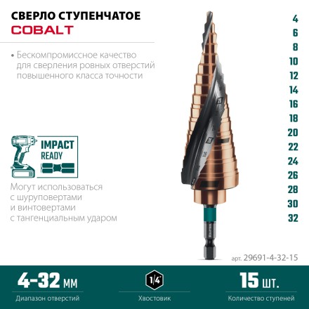 Ступенчатые сверла, сталь c кобальтом, спиральная проточка, НЕХ хвостовик 29691-4-32-15 купить в Нефтеюганске