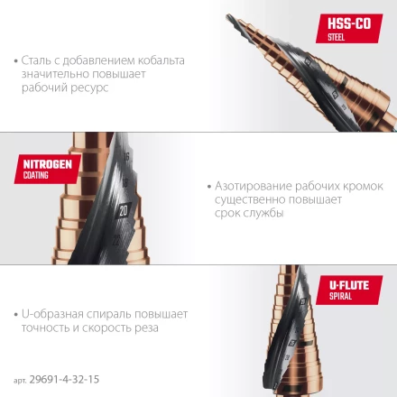 Ступенчатые сверла, сталь c кобальтом, спиральная проточка, НЕХ хвостовик 29691-4-32-15 купить в Нефтеюганске