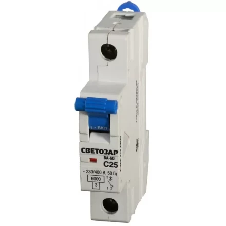 Выключатель автоматический СВЕТОЗАР 1-полюсный, 25 A, &quot;C&quot;, откл. сп. 6 кА, 230 / 400 В SV-49061-25-C купить в Нефтеюганске