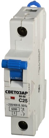Выключатель автоматический СВЕТОЗАР 1-полюсный, 25 A, &quot;C&quot;, откл. сп. 6 кА, 230 / 400 В SV-49061-25-C купить в Нефтеюганске