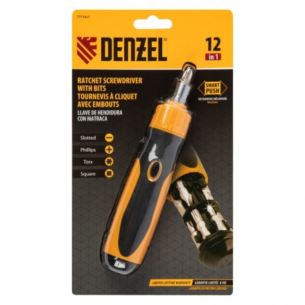 Отвертка реверсивная Denzel 7711611, механизм SmartPush 12 шт, S2 купить в Нефтеюганске