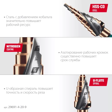 Ступенчатое сверло, сталь c кобальтом, спиральная проточка, НЕХ хвостовик 29691-4-20-9 купить в Нефтеюганске