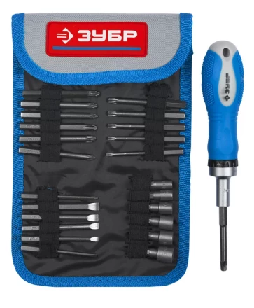 Набор ЗУБР Отвертка &quot;ЭКСПЕРТ&quot; реверcивная, 2-хкомп. ручка, биты 65мм, торцовые головки, 25пред. 25281-H25 купить в Нефтеюганске