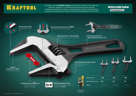 Ключ разводной компактный c тонкими губками KRAFTOOL SlimWide Compact 27266-25 купить в Нефтеюганске