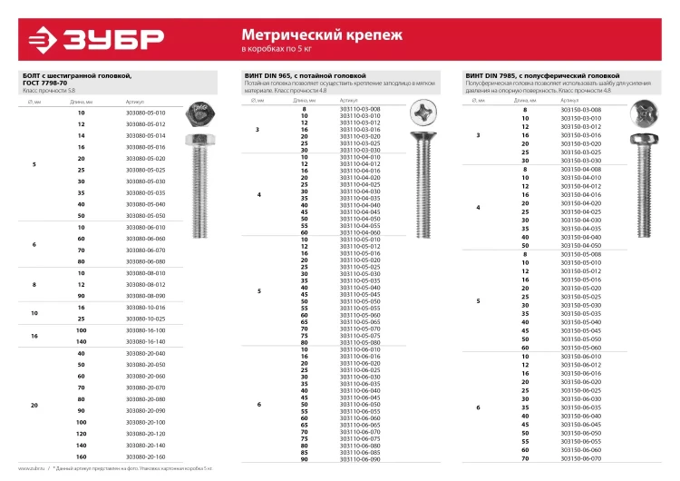 Болт ЗУБР "МАСТЕР" с шестигранной головкой, ГОСТ 7798-70, класс прочности 5.8, оцинкованный, M5x30мм, 5кг 303080-05-030 купить в Нефтеюганске
