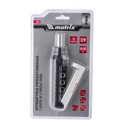 Отвертка реверсивная с набором бит и торцевых головок 15 шт CrV Matrix Pro 13343 купить в Нефтеюганске