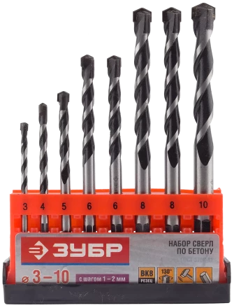 Набор сверл по бетону усиленные ЗУБР 3 шт d 6-8-10 мм трехгранный хвостовик  Профессионал 2916-H3 купить в Нефтеюганске