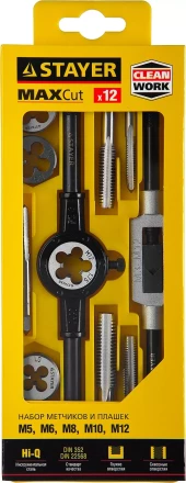 Набор метчиков и плашек STAYER &quot;MASTER&quot;, метчикодержатель 1шт, плашкодержатель 1шт, метчики 5шт, плашки 5шт, 12 предметов 28012-H12_z01 купить в Нефтеюганске