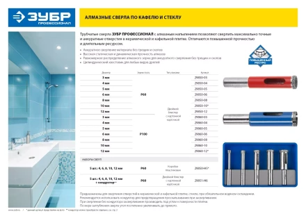 Сверло ЗУБР алмазное трубчатое по стеклу, зерно 100, 5мм 29860-05 купить в Нефтеюганске