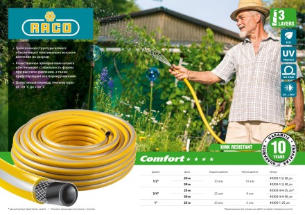 Шланг RACO &quot;COMFORT&quot; поливочный, 30атм., армированный, 3-х слойный, 1/2&quot;х20м 40303-1/2-20 купить в Нефтеюганске