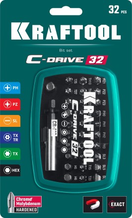 Набор бит и адаптеров KRAFTOOL C-Drive многофункциональный, Cr-Mo сталь, в ударопрочном компактном боксе. Цветная маркировка типов шлицов 26067-H32 купить в Нефтеюганске