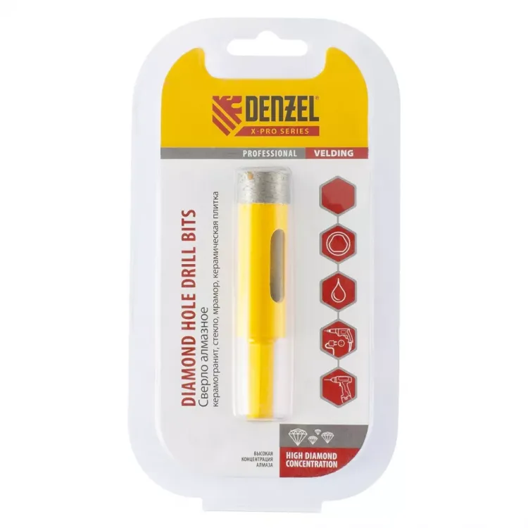 Сверло алмазное по керамограниту 20мм мокрое резание трёх гранный хвостовик DENZEL 72679 купить в Нефтеюганске
