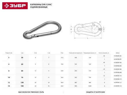 Карабин ЗУБР "МАСТЕР" DIN 5299С, оцинкованный, 12мм, 8 шт 4-304545-12 купить в Нефтеюганске