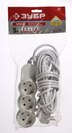 Удлинитель ЗУБР &quot;МАСТЕР&quot; электрический, ПВС сечение 1кв мм, заземление, 3 гнезда, макс мощн 3500Вт, 5м 55038-5 купить в Нефтеюганске