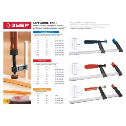 Струбцина ЗУБР &quot;МАСТЕР&quot;, тип &quot;F&quot;, пластмассовая ручка, стальная закаленная рейка, 50х200мм 32150-050-200 купить в Нефтеюганске