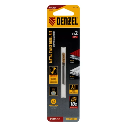 Сверло спиральное по металлу Denzel 2 x 49 мм, Р6М5, Golden Tip , 2шт., 718223 купить в Нефтеюганске