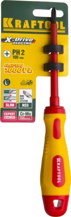 Отвертка KRAFTOOL, высоковольтная, Cr-Mo-V стержень, двухкомпонент. маслобензостойкая рукоятка, PH №2, 100мм 250084-2-100 купить в Нефтеюганске