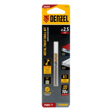 Сверло спиральное по металлу Denzel 2,5 x 57 мм, Р6М5, Golden Tip , 2шт. 718224 купить в Нефтеюганске