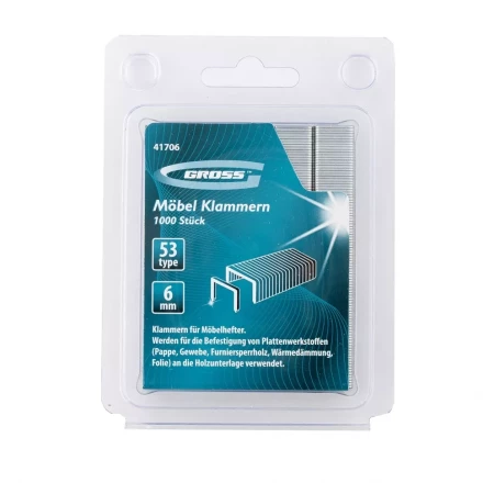 Скобы 6 мм для мебельного степлера усиленные тип 53 1000 шт GROSS 41706 купить в Нефтеюганске