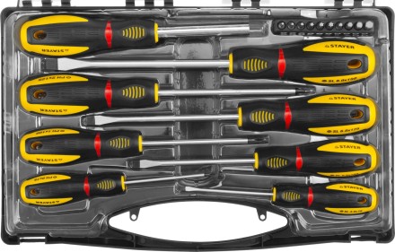 Набор STAYER &quot;PROFESSIONAL&quot; &quot;PROTech&quot;: Отвертки, Cr-Mo, двухком рукоят, отвертки 7шт, отвертка-битодержатель, биты 10шт 25133-H8_z02 купить в Нефтеюганске