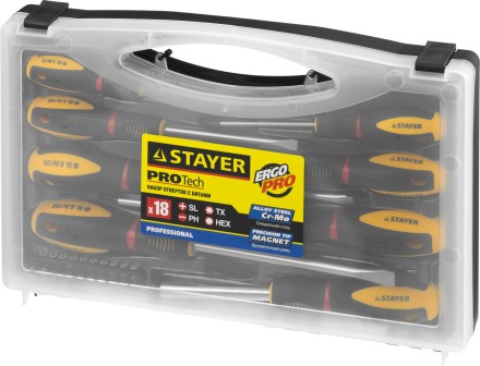 Набор STAYER &quot;PROFESSIONAL&quot; &quot;PROTech&quot;: Отвертки, Cr-Mo, двухком рукоят, отвертки 7шт, отвертка-битодержатель, биты 10шт 25133-H8_z02 купить в Нефтеюганске