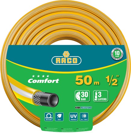 Шланг RACO &quot;COMFORT&quot; поливочный, 30атм., армированный, 3-х слойный, 1/2&quot;х50м 40303-1/2-50 купить в Нефтеюганске