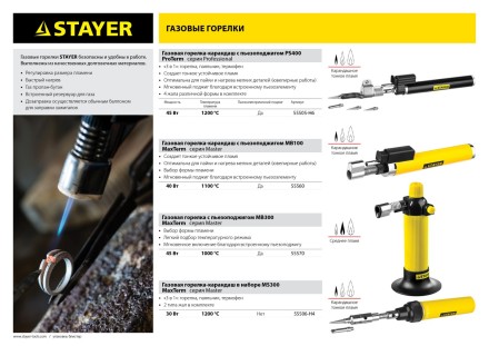 Газовая горелка STAYER &quot;PROFESSIONAL&quot;, 2в1, пьезоподжиг, регулировка пламени, 4 насадки, 1200С 55505-H6 купить в Нефтеюганске