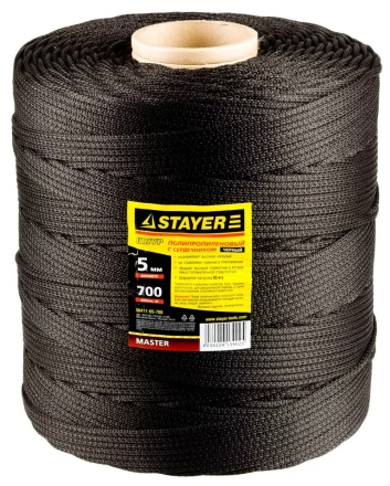 Шнур STAYER &quot;MASTER&quot; хозяйственно-бытовой, полипропиленовый, вязанный, с сердечником, черный, d 5, катушка 700м 50411-05-700 купить в Нефтеюганске