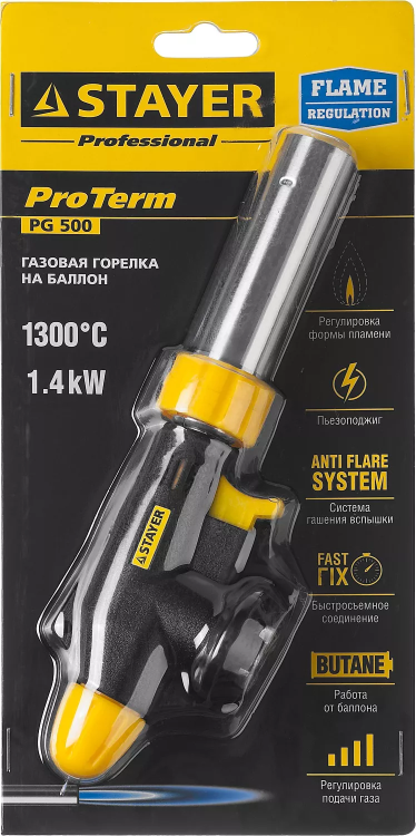 Газовая горелка "ProTerm" на баллон, STAYER "PROFESSIONAL" 55580, с пьезоподжигом, регулировка пламени, цанговое соединение, 1300С 55580 купить в Нефтеюганске