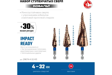 ЗУБР КОБАЛЬТ 3 шт, 4-32мм, винтовая проточка, набор ступенчатых сверл, ПРОФЕССИОНАЛ (29674-4-32-H3) купить в Нефтеюганске