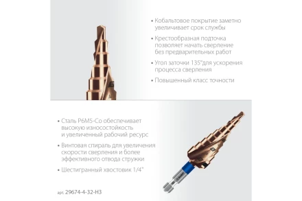 ЗУБР КОБАЛЬТ 3 шт, 4-32мм, винтовая проточка, набор ступенчатых сверл, ПРОФЕССИОНАЛ (29674-4-32-H3) купить в Нефтеюганске