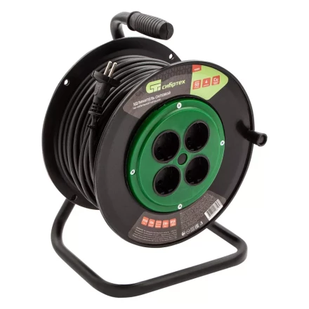 Удлинитель силовой 50 м Сибртех 95855, 10А, тип УХ10, ПВС, на кабельной катушке, 4 розетки без заземления купить в Нефтеюганске