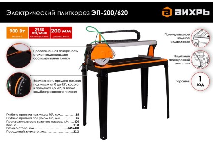 Электрический плиткорез с водяным охлаждением Вихрь ЭП-200/620 72/22/2 купить в Нефтеюганске