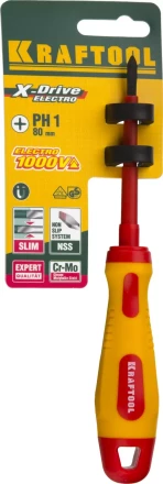 Отвертка KRAFTOOL, высоковольтная, Cr-Mo-V стержень, двухкомпонент. маслобензостойкая рукоятка, PH №1, 80мм 250084-1-080 купить в Нефтеюганске