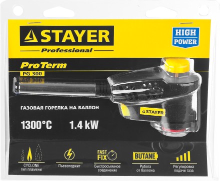 Газовая горелка &quot;ProTerm&quot; на баллон, STAYER &quot;PROFESSIONAL&quot; 55582, с пьезоподжигом, регулировка пламени, вихревое пламя, цанговое соединение, 1300С 55582 купить в Нефтеюганске