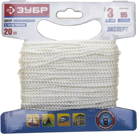 Шнур ЗУБР полиамидный, плетеный, повышенной нагрузки, с сердечником, белый, d 3, 20м 50310-03-020 купить в Нефтеюганске