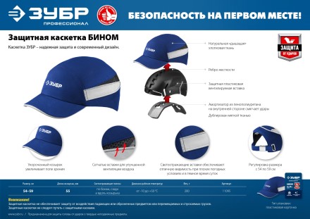 ЗУБР БИНОМ, синяя, ударопрочный корпус, укороченный козырёк 55 мм, размер от 54 до 59 см, защитная каскетка, Профессионал (11095) купить в Нефтеюганске
