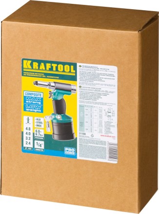 Заклепочник пневматический, KRAFTOOL 31188, корпус из композит материалов, для заклепок из нержав стали, 2,4-3,2-4-4,8мм 31188 купить в Нефтеюганске