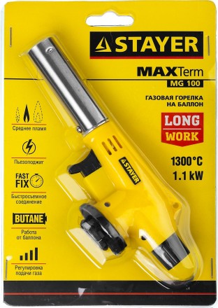 Газовая горелка &quot;MaxTerm&quot; на баллон, STAYER &quot;MASTER&quot; 55584, с пьезоподжигом, регулировка пламени, цанговое соединение, 1300С 55584 купить в Нефтеюганске