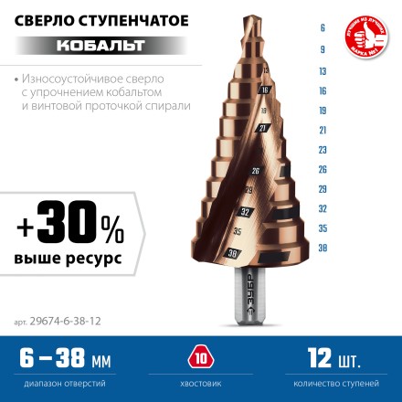 ЗУБР КОБАЛЬТ 6-38мм, 12 ступеней, винтовая проточка, сверло ступенчатое, ПРОФЕССИОНАЛ (29674-6-38-12) купить в Нефтеюганске