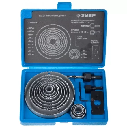 Набор ЗУБР &quot;ЭКСПЕРТ&quot; Коронки по дереву 19-127мм, державка 19-30мм, державка с опорн. основан, ключ имбус. 2,5мм, 15 пред 29554-H15_z01 купить в Нефтеюганске