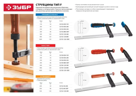 Струбцина ЗУБР "ПРОФЕССИОНАЛ", тип "F", двухкомпонентная ручка, стальная закаленная рейка, 120х800мм 32155-120-800 купить в Нефтеюганске