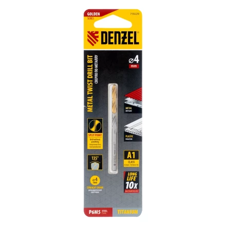 Сверло спиральное по металлу Denzel 4 x 75 мм, Р6М5, Golden Tip, 718229 купить в Нефтеюганске