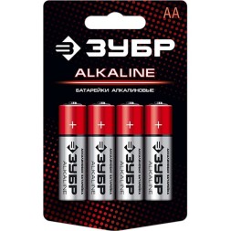 Батарейка &quot;ЗУБР&quot; &quot;ALCALINE&quot; щелочная (алкалиновая), &quot;AA&quot;, 1,5В, 4шт 59223-4C